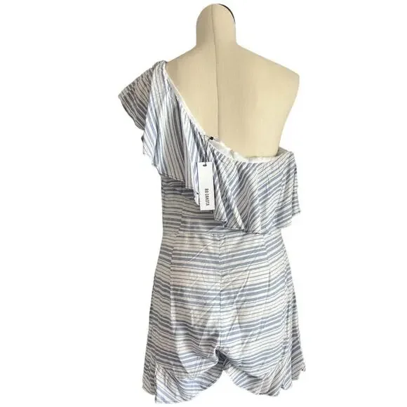 BB Dakota Womens Size 10 Romper Colleen One Shoulder Striped Blue White Ruffles - Picture 3 of 10